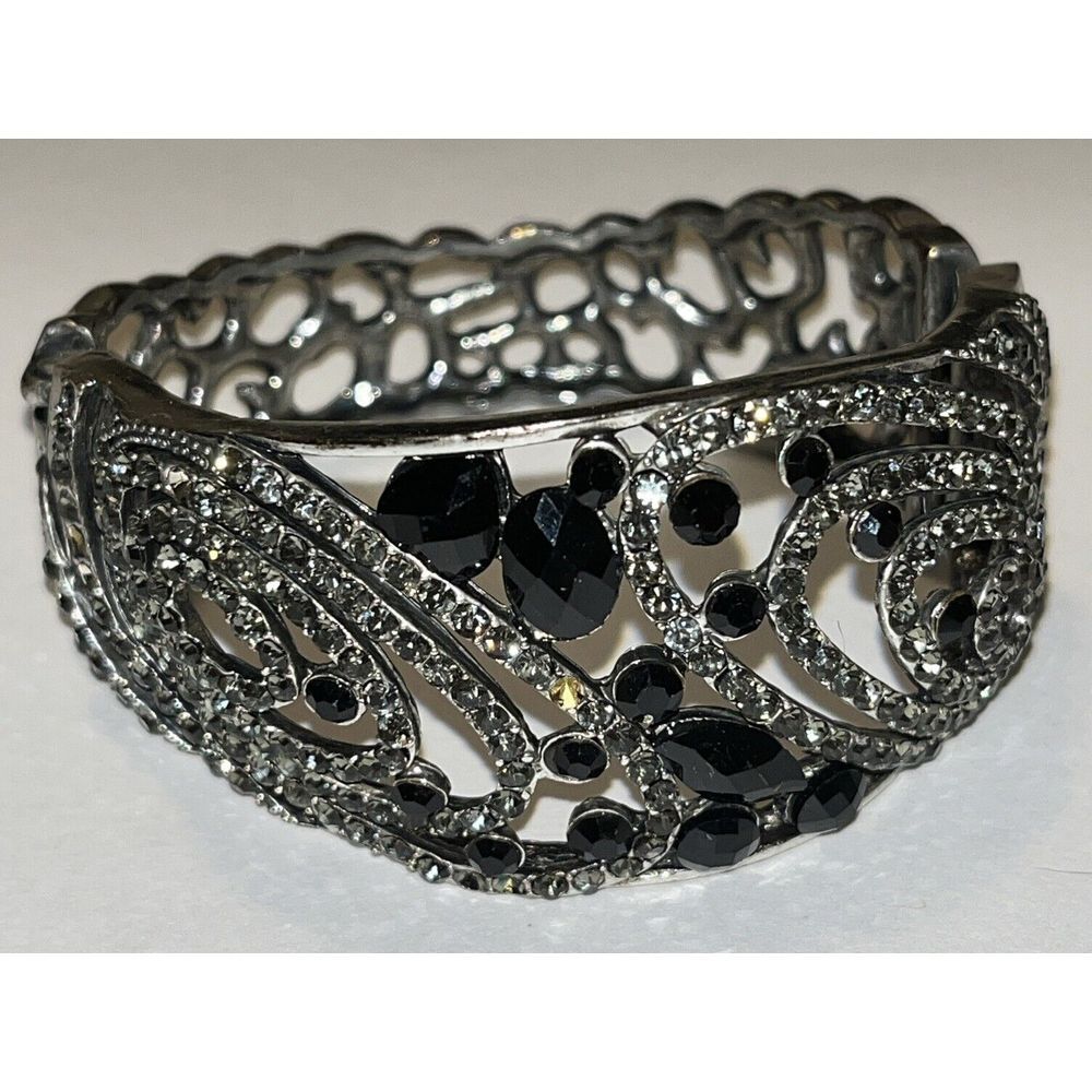 Chunky Thick & Heavy Black & Clear Rhinestone Designer Fashion Clamp Bracelet